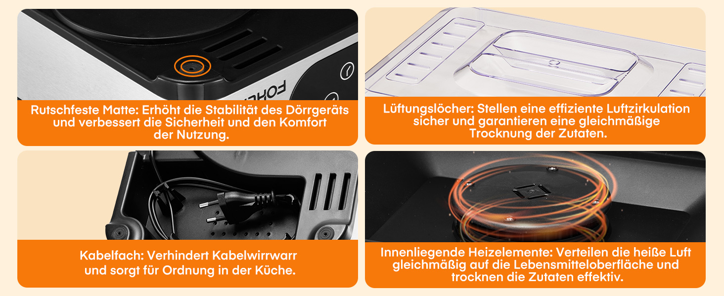 Електрична сушарка для продуктів FOHERE з нержавіючої сталі, 5 ящиків, LED-дисплей, 420W, 35-70°C, таймер 48h, для їжі, грибів, фруктів, м'яса, риби, овочів, без BPA