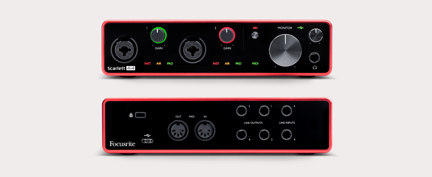 Аудіоінтерфейс Focusrite Scarlett 4i4 3-го покоління з USB для гітаристів, вокалістів та продюсерів. Професійний звук та програмне забезпечення для запису