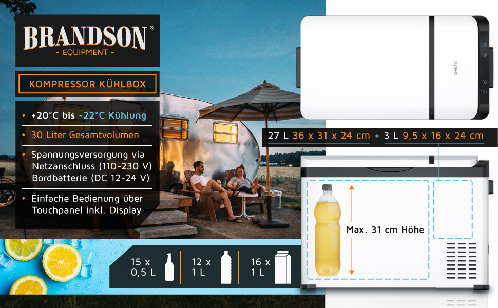 Автохолодильник Brandson ECO Kompressor XXL 30л електричний 12/24V – охолодження до -22°C для авто, кемпінгу, вантажівок, човнів (білий)