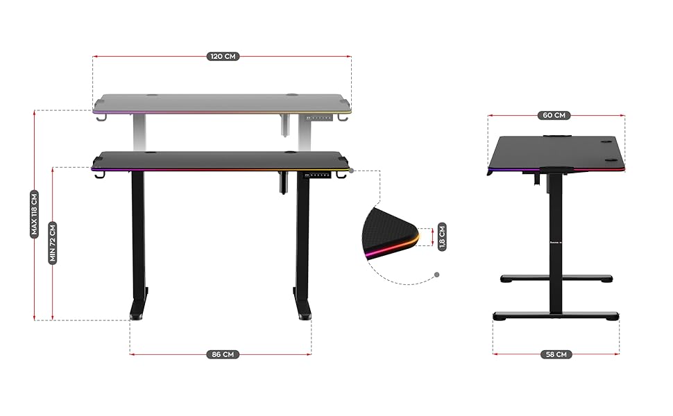 Стіл Електричний комп'ютерний стіл Офісний стіл Стіл Барний стіл 120 х 60 см Регулюється по висоті Плавно регульована 3-х плата пам'яті для керування пам'яттю Металева конструкція (Чорний RGB), 8.2
