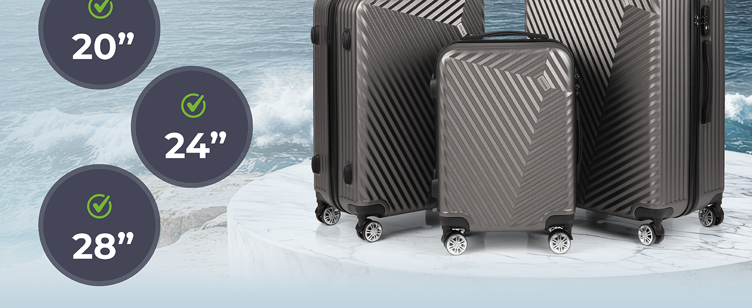 Набір валіз xRace 3-частинний ABS, 20/24/28 дюймів, ручна поклажа, TSA замок, 360° колеса, стійкий до ударів, преміум підкладка