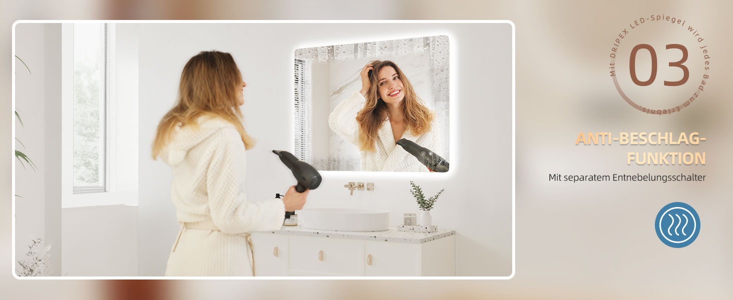 Дзеркало для ванної кімнати з LED підсвічуванням Dripex, сенсорне керування, регулювання яскравості, 3 кольори світла, антизапар, 80x80 см