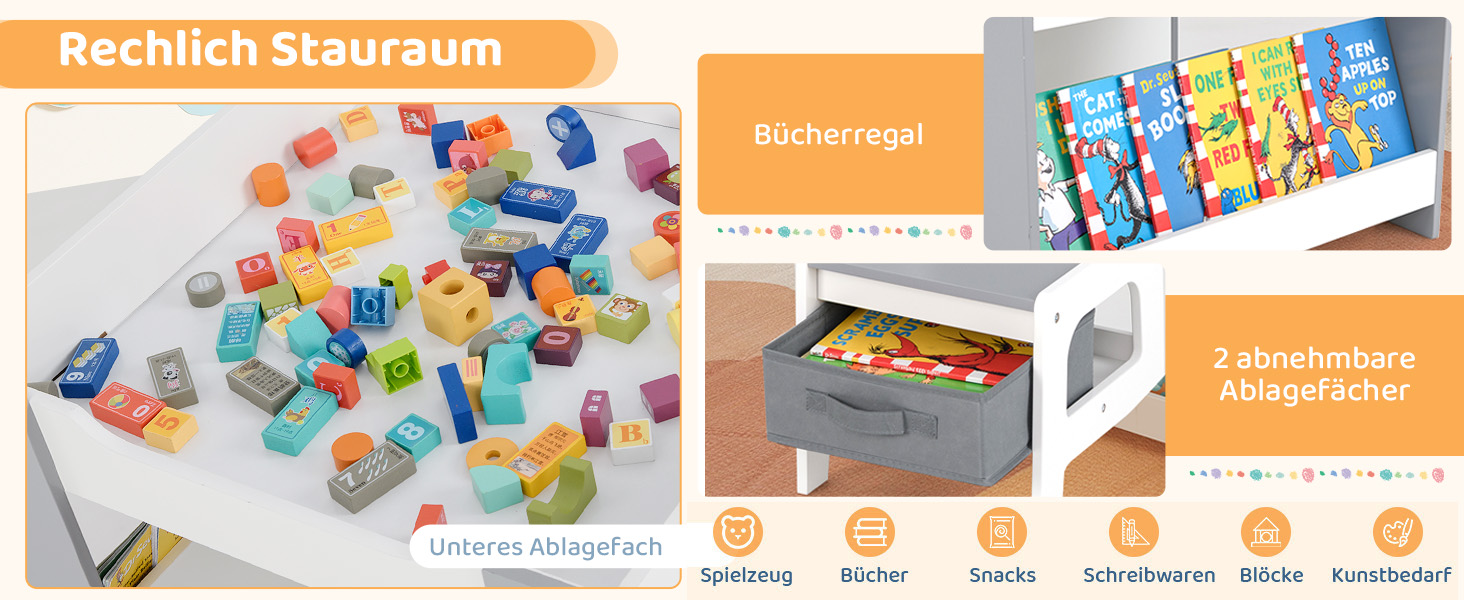 Детский стол со стульями COSTWAY 3 в 1, деревянная мебель для детей от 3 лет с откидной столешницей, полкой и ящиками