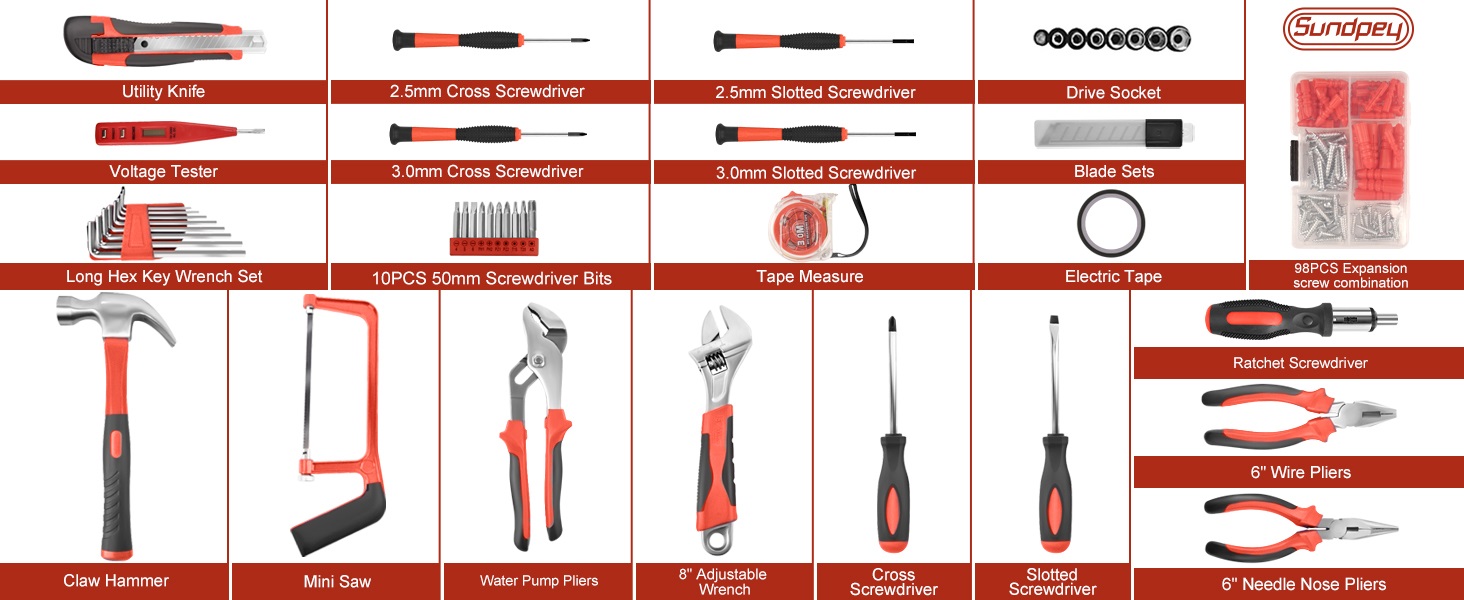 Набір інструментів Sundpey 148 предметів у кейсі: універсальний набір для дому з викруткою-тріскачкою, шестигранниками, плоскогубцями та тестером напруги для чоловіків і жінок (червоний)