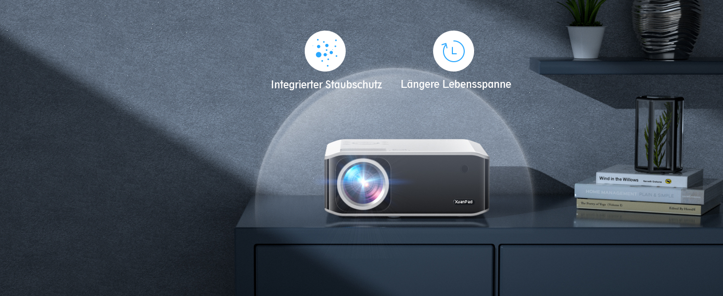 Проектор XuanPad з AI-автофокусом та сертифікацією Netflix, WiFi, Bluetooth, 30000 лм, 1080P, поворотний на 210°, автоматична корекція Keystone, система видалення пилу та відведення тепла