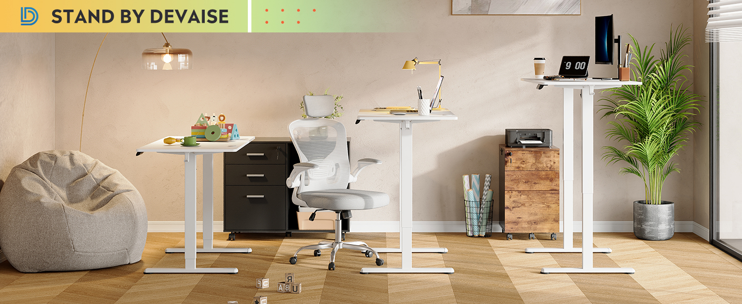Регульований стіл Devaise 140x70 см з тихим мотором та функцією пам'яті, офісний стіл для роботи стоячи, білий