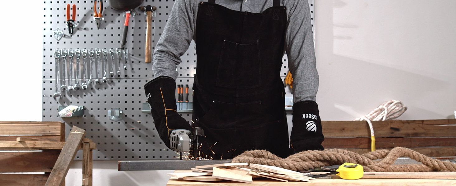 Шкіряний фартух для зварювальника LeaSeek з 6 кишенями, термостійкий та вогнестійкий, великий розмір 42' x 36', з рукавичками (чорний)