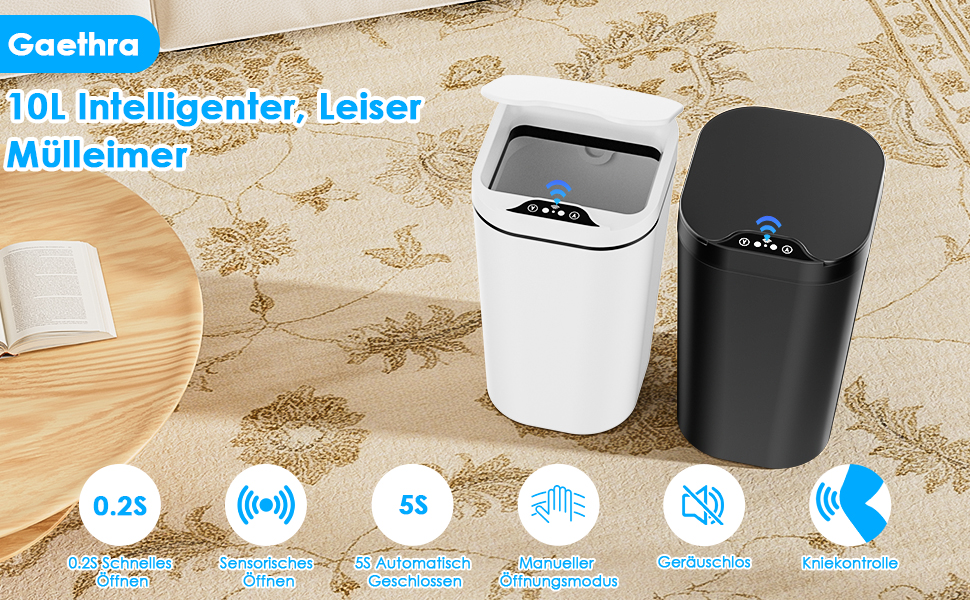 Набір з 2 сміттєвих контейнерів з датчиком, 10 л, автоматичний електричний кришка, 3 режими роботи, тихий, водонепроникний, інтелектуальний контейнер для сміття, для кухні, офісу, вітальні, ванної кімнати