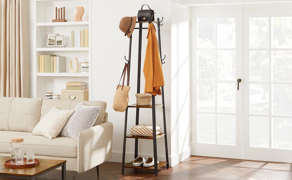 Стійка для одягу VASAGLE з 8 гачками, 4 полицями та перекладиною, металевий каркас, для шарів, курток, сумок, для прихожого, золотий дуб + білий (вінтажний коричневий + чорний)