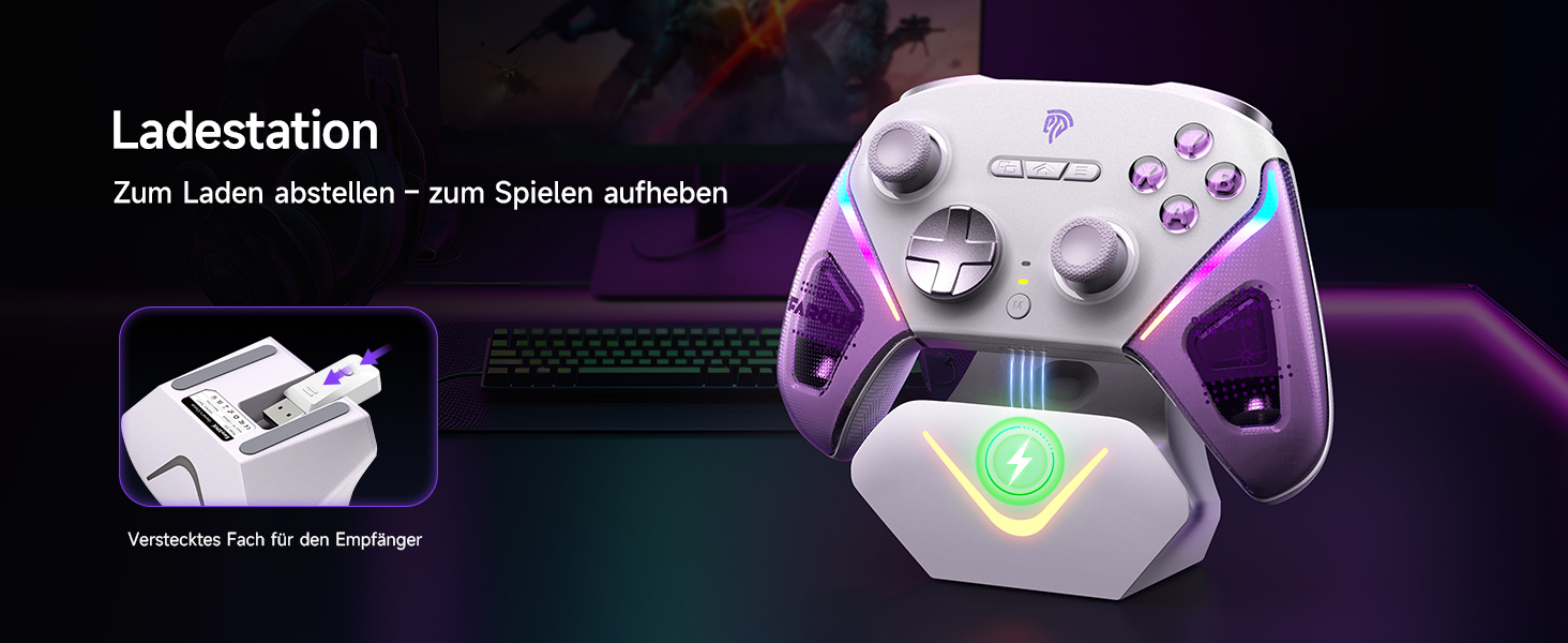 Контролер EasySMX D10 для ПК з підстанцією зарядки, бездротовий контролер з джойстиком TMR та 2-в-1 тригером, 1000Hz polling контролер з RGB підсвічуванням для ПК/Switch/телефону (фіолетовий)