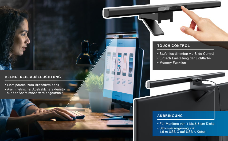 LED-лампа для монітора CSL Screenbar USB з пультом, регулювання яскравості, 3 колірні температури, захист очей, поворотна
