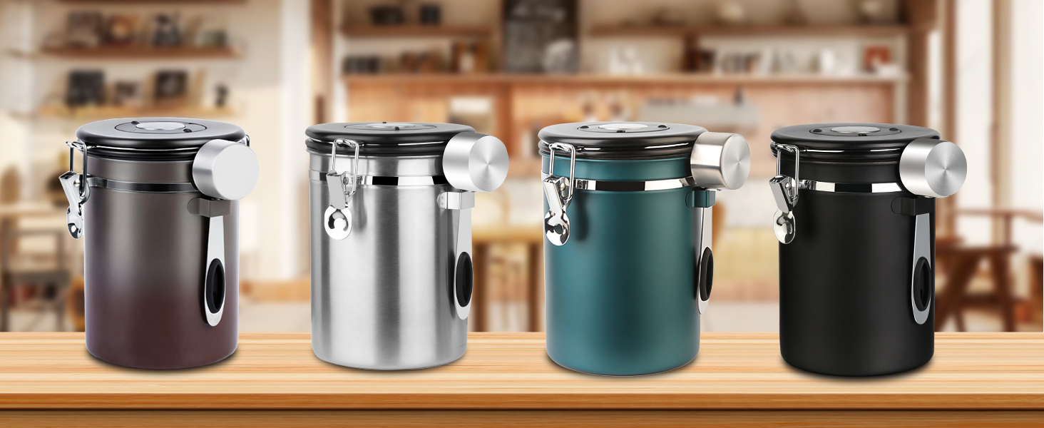 Герметична кавова банка з нержавіючої сталі, 1,8L, з датчиком дати, CO2-вентилем та мірною ложкою, для кави, чаю, горіхів, какао, чорна