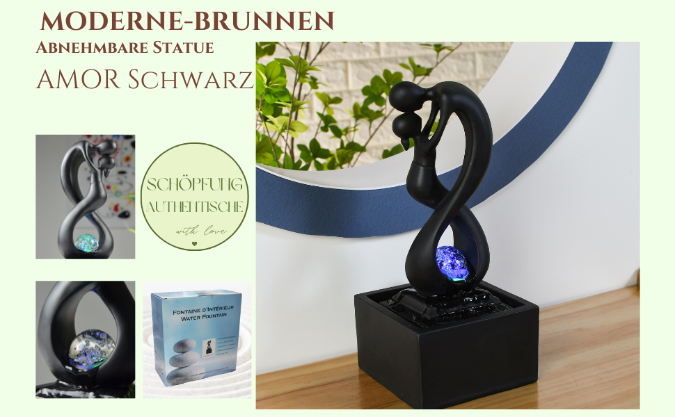 Кімнатний фонтан Zen'Light Amor чорного кольору з LED-підсвічуванням - сучасний декор, знімний елемент, закритий цикл, ротова куля, 31x14x14 см