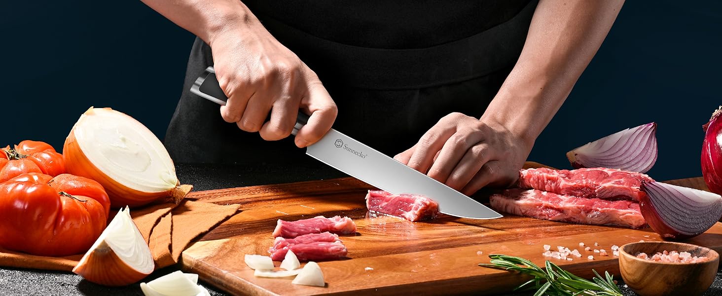 Набір ножів Sunnecko 6 шт. з підставкою – кухонний набір ножів, кухонні ножі з ергономічними ручками, гострими лезами, підставка з нержавіючої сталі та акації