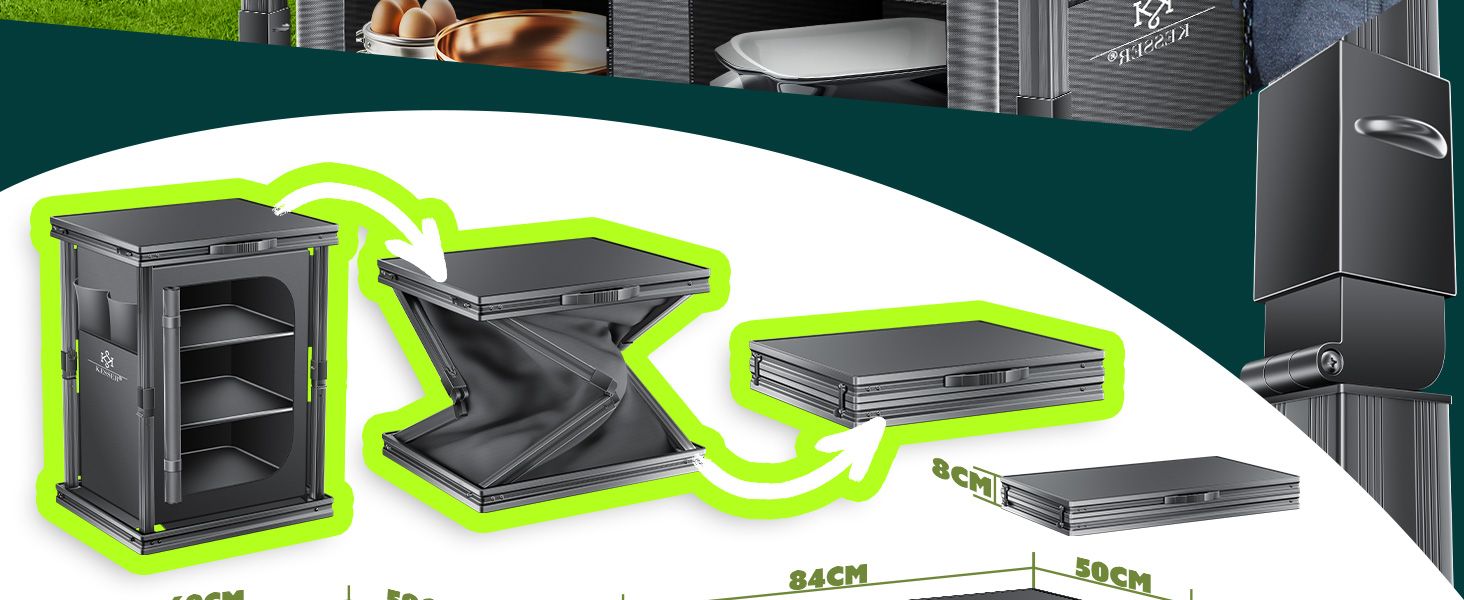 Кемпінгова кухня KESSER®: розкладний шафка 84x80 см з алюмінієвим каркасом, 6 відділень (вкл. набір з 4 кухлі), бокові кишені та москітна сітка. Чорний, з UV-стійкої тканини.