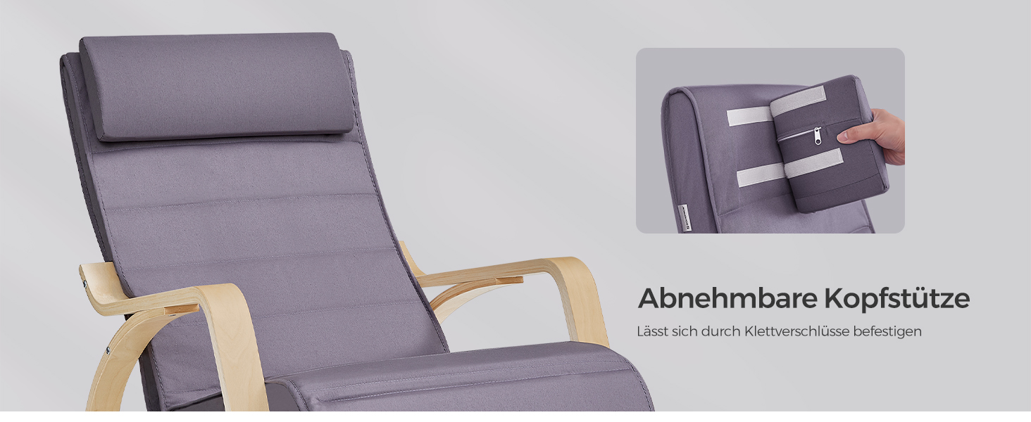 Крісло-гойдалка SONGMICS з підлокітниками з натурального дерева, регульована підставка для ніг, до 150 кг, для спальні/вітальні, темно-натуральний колір (сірий + натуральний, бавовна/поліестер)