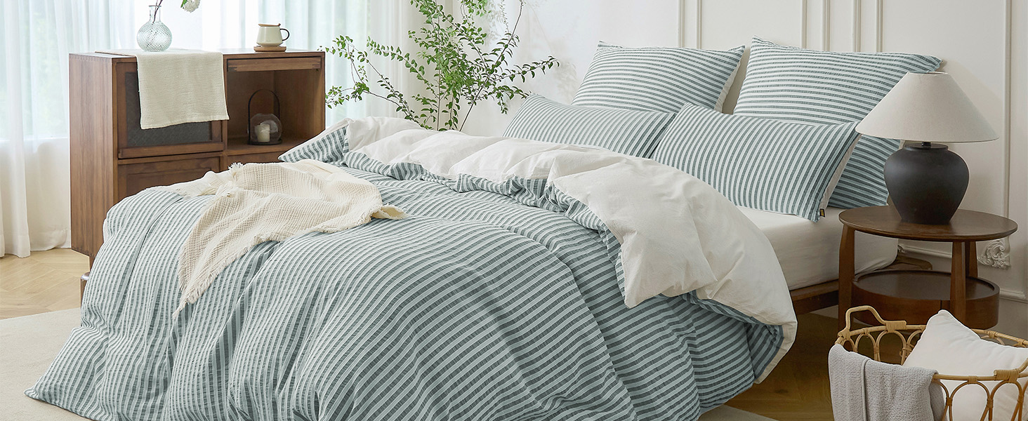 Набір постільної білизни SOULFUL 200x200, бавовна, смужка, жаккард, бавовна преміум-якість, сертифікат Öko-Tex 100, джинсовий блакитний (льон-сірий & білий), 2 шт. 40x80 см