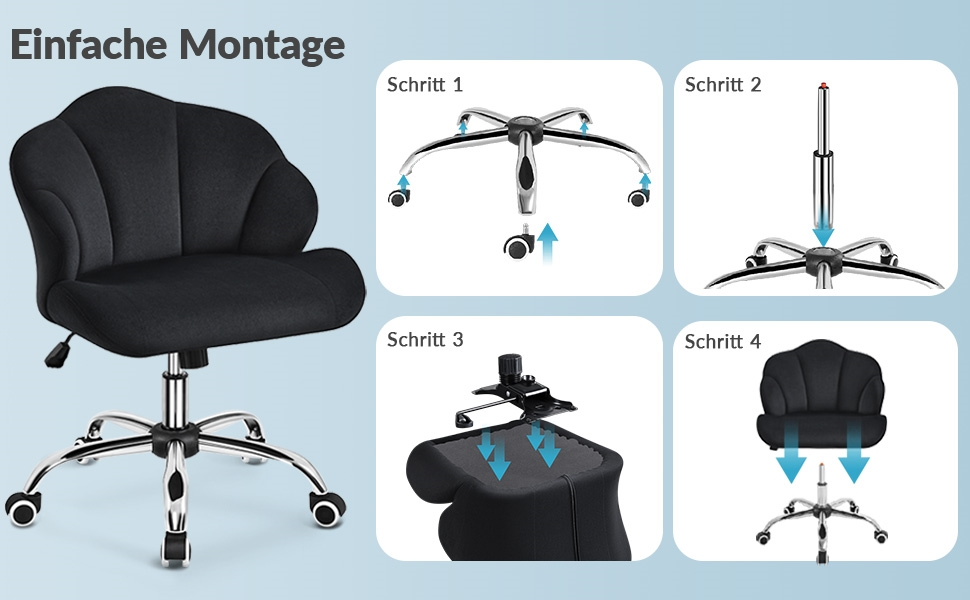 Крісло для дому та офісу Yaheetech, крісло для макіяжу, регульоване по висоті, поворотне, офісне крісло у формі мушлі з роликами, велюрове крісло, до 136 кг, білий (чорний)