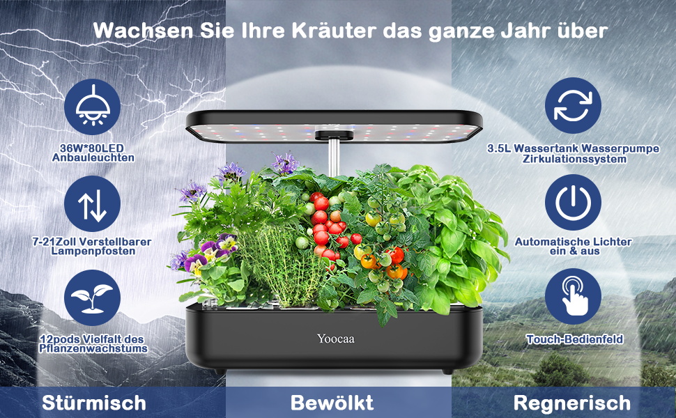 Yoocaa 12-ярусна гідропонна система для вирощування, набір для домашнього саду трав з LED-освітленням, розумний сад для дому, кухні, автоматичний таймер, стартовий набір (чорний)