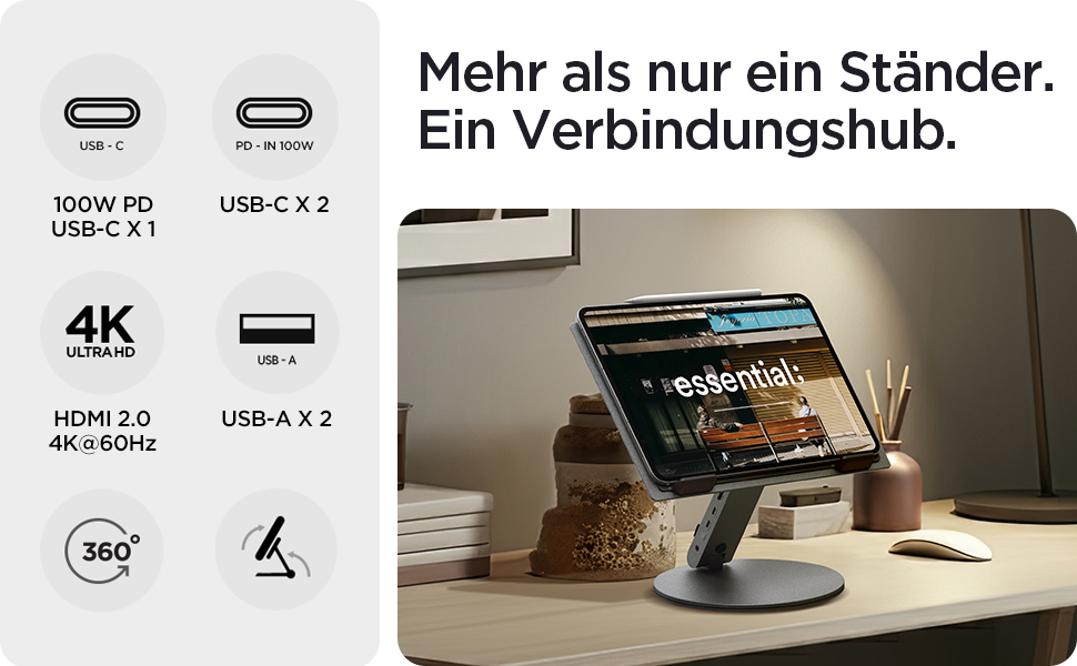 Док-станція та ергономічна підставка для ноутбука Spigen ArcDock 6-in-1: USB-C, HDMI 4K 60Hz, USB-A, для MacBook, iPad Pro Air та ноутбуків до 15.6