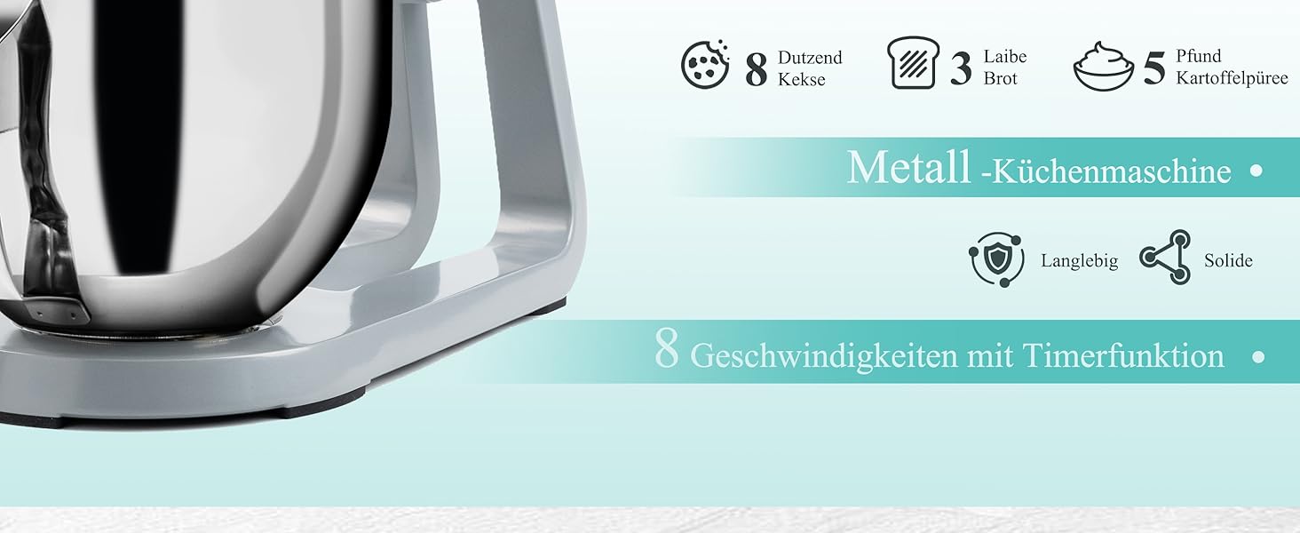 Кухонна машина 5л для замішування тіста: хліб, піца, з таймером, 8 швидкостей, нержавіюча чаша, гак, вінчик, міксер (блакитна)