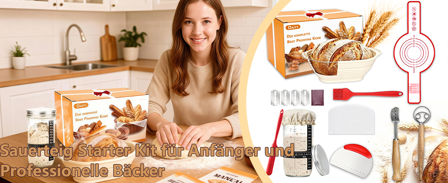 Набір для приготування закваски Daity: 12 предметів для випікання хліба, з підігрівачем, овальний гніт для підйому тіста 28см з силікону, для початківців та професіоналів