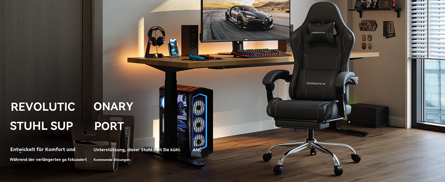 Ігровий крісло Dowinx з підніжкою та масажем попереку. Ергономічне ігрове крісло для офісу, дому, стрімінгу та тривалих ігрових сесій. Білий (Чорний)