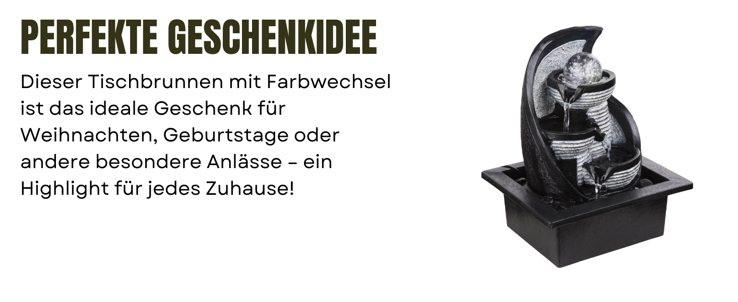 Настільний фонтан BMF-VERSAND® з RGB підсвічуванням та обертовою скляною кулею – декоративна лампа з RGB LED, кімнатний фонтан з підсвічуванням, сірий колір, куля, 4 ступені