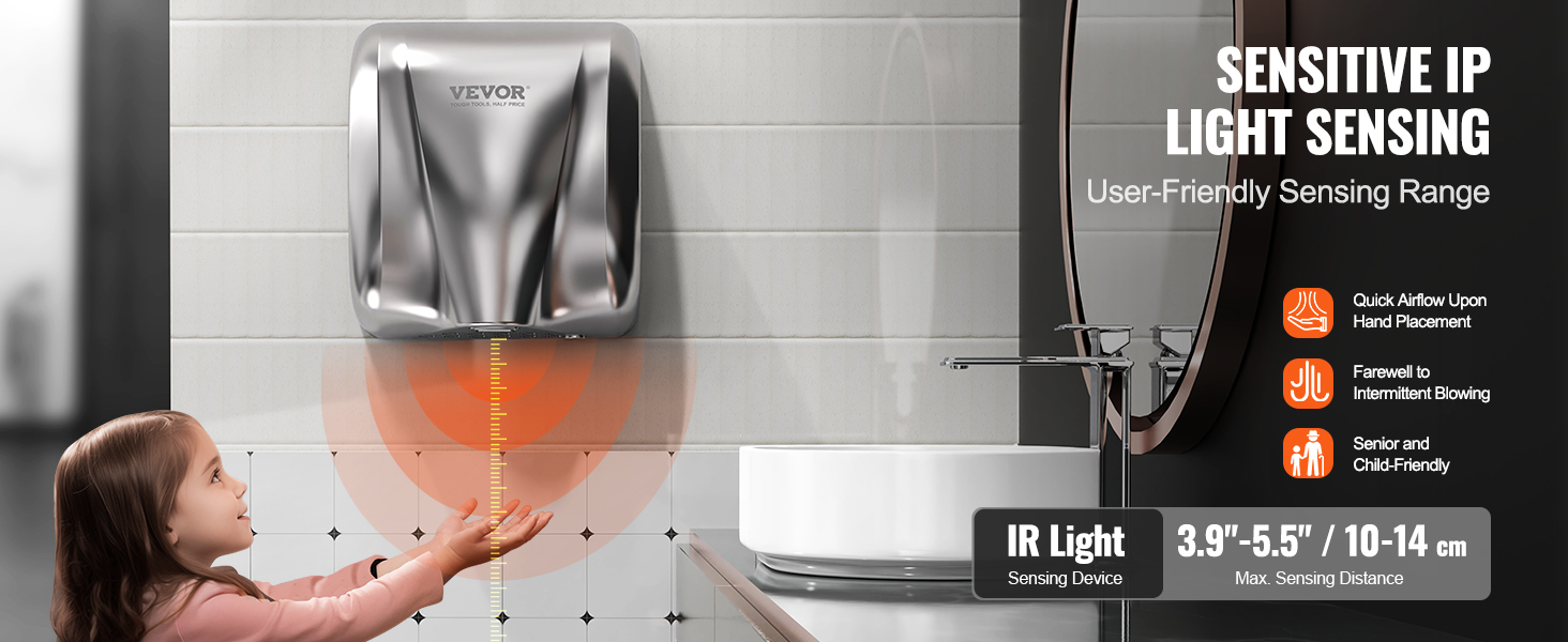 Електричний сушар для рук VEVOR 1300W з HEPA-фільтром - швидка сушка 7-10с, для кухні, ванної, туалету