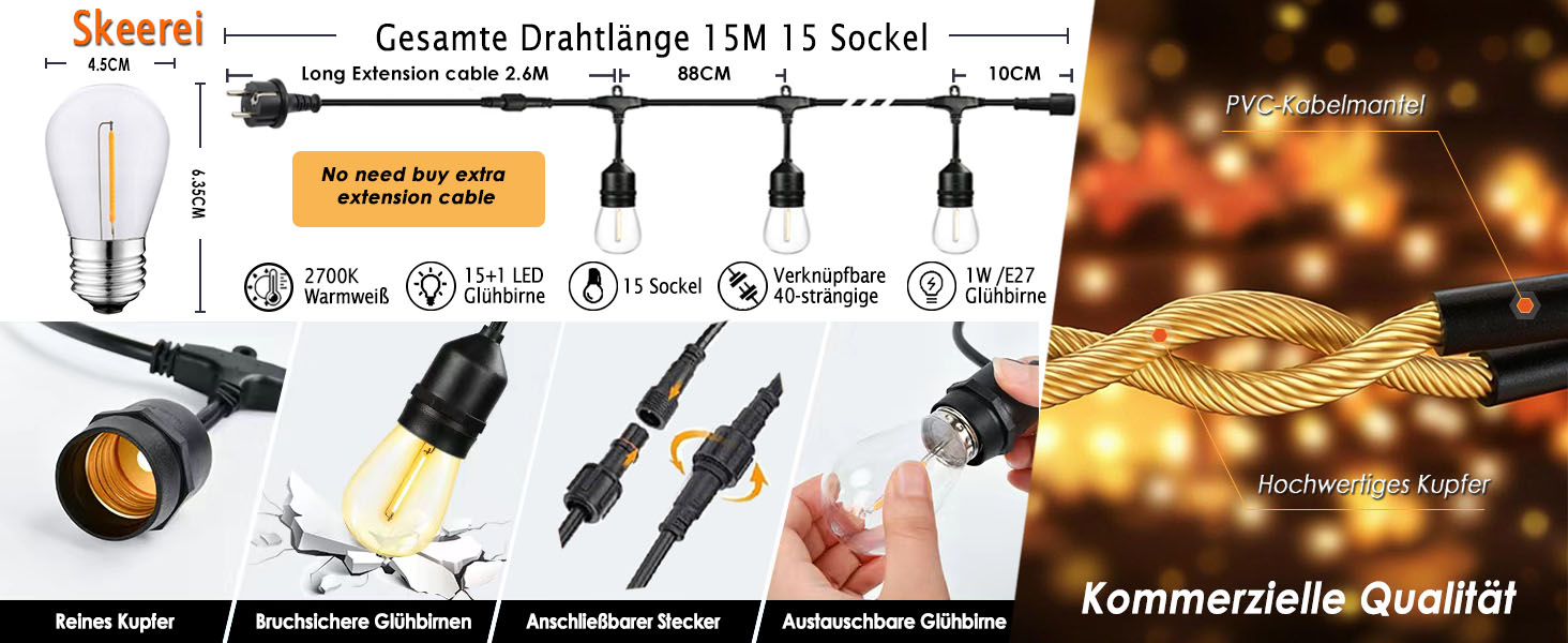 LED гірлянда 15 метрів для саду та тераси, водонепроникна IP65, 15+1 лампочки E27, тепле світло 2700K, для вечірок та свят [Енергоклас G]