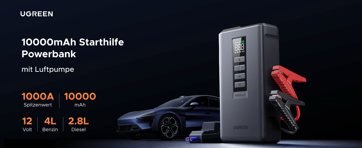 Пусковий пристрій UGREEN 3 в 1: Powerbank 10000mAh, бустер для авто та електричний компресор (помпа)