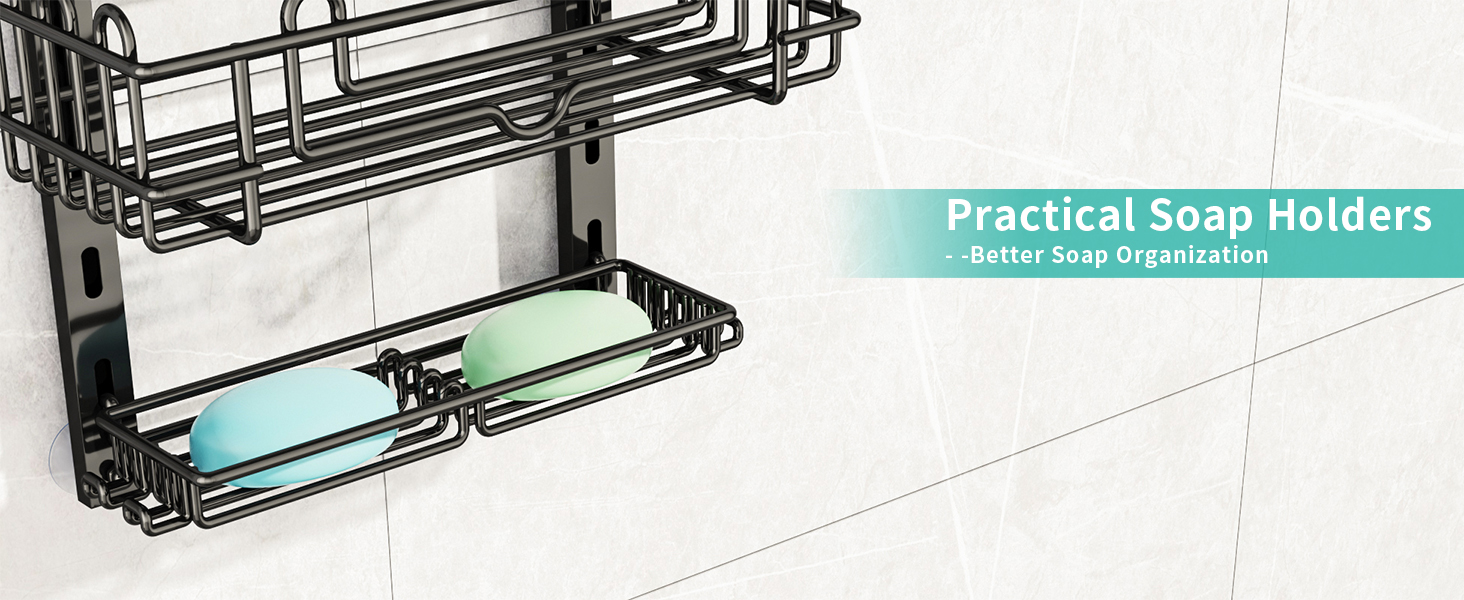 Настінна поличка для душу HapiRm з 4 ярусами, чорна - 22 гачки, 2 тримачі для зубних щіток