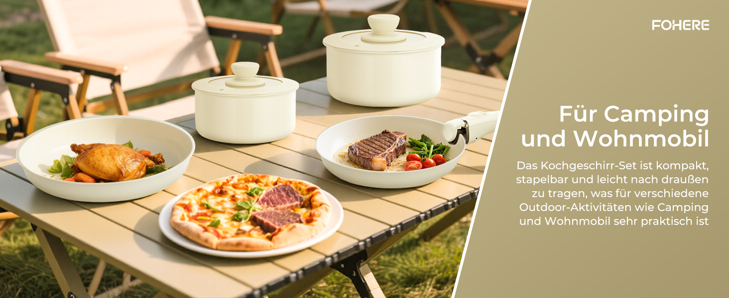 Набір посуду FOHERE 8 предметів: каструлі та сковороди з 2 знімними ручками, сковорода 20/28 см, каструлі 2.6/1.4 л, підходить для всіх плит (індукція), безпечний у духовці та посудомийній машині, бежевий