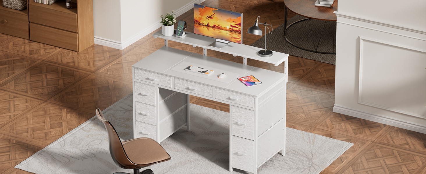 Комп'ютерний стіл з 8 висувними ящиками, 2 розетками та USB-портами, LED-підсвічуванням та підставкою для монітора, 120 x 50 x 74 см, білий