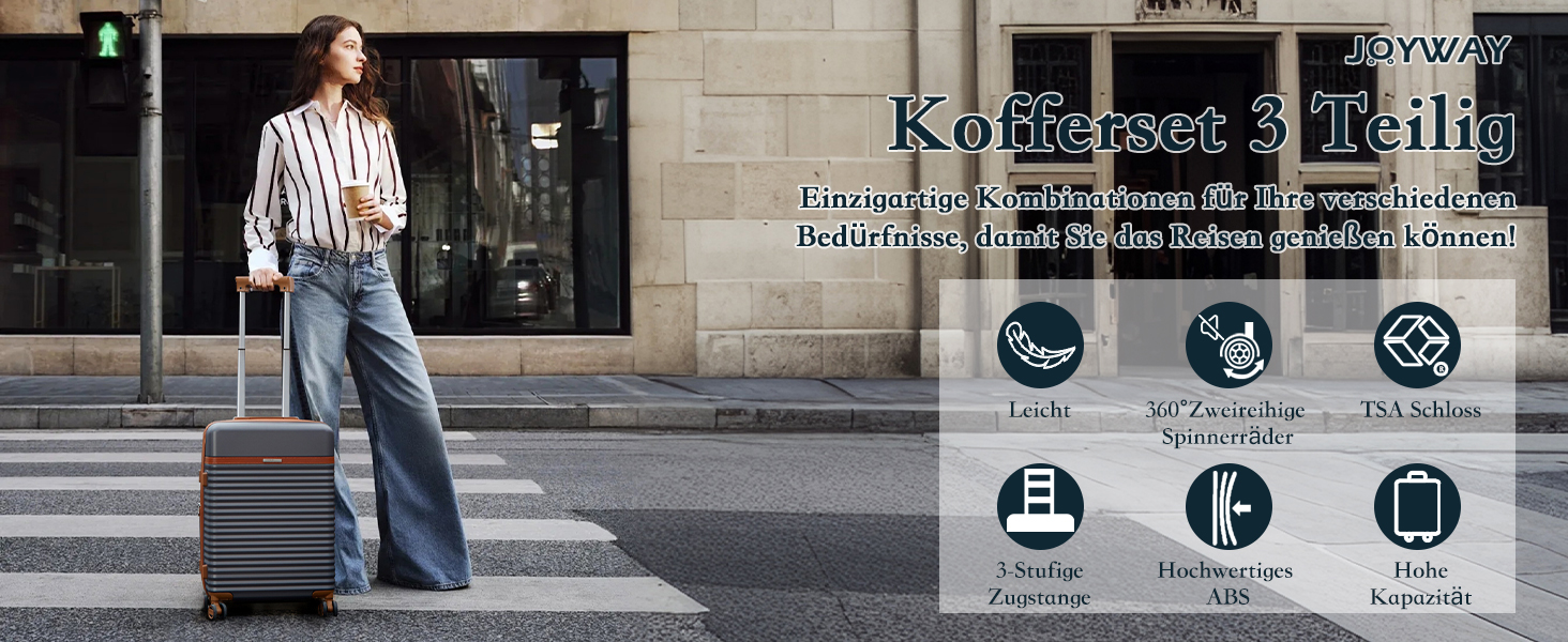 Набір валіз Joyway 3шт 55см, сірий: велика валіза, сумка та органайзер для косметики, з TSA-замком та розширенням об'єму