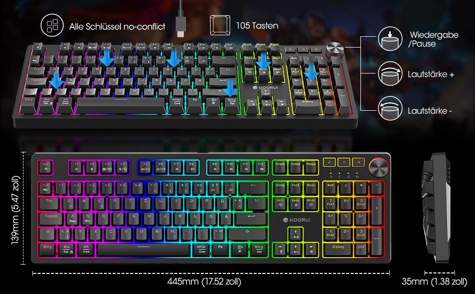Механічна клавіатура KOORUI для геймінгу: бездротова/провідна/Bluetooth, 82 клавіші, QWERTZ (німецька розкладка), 4000mAh, коричневий перемикач, сумісна з Windows/MacOS/Linux