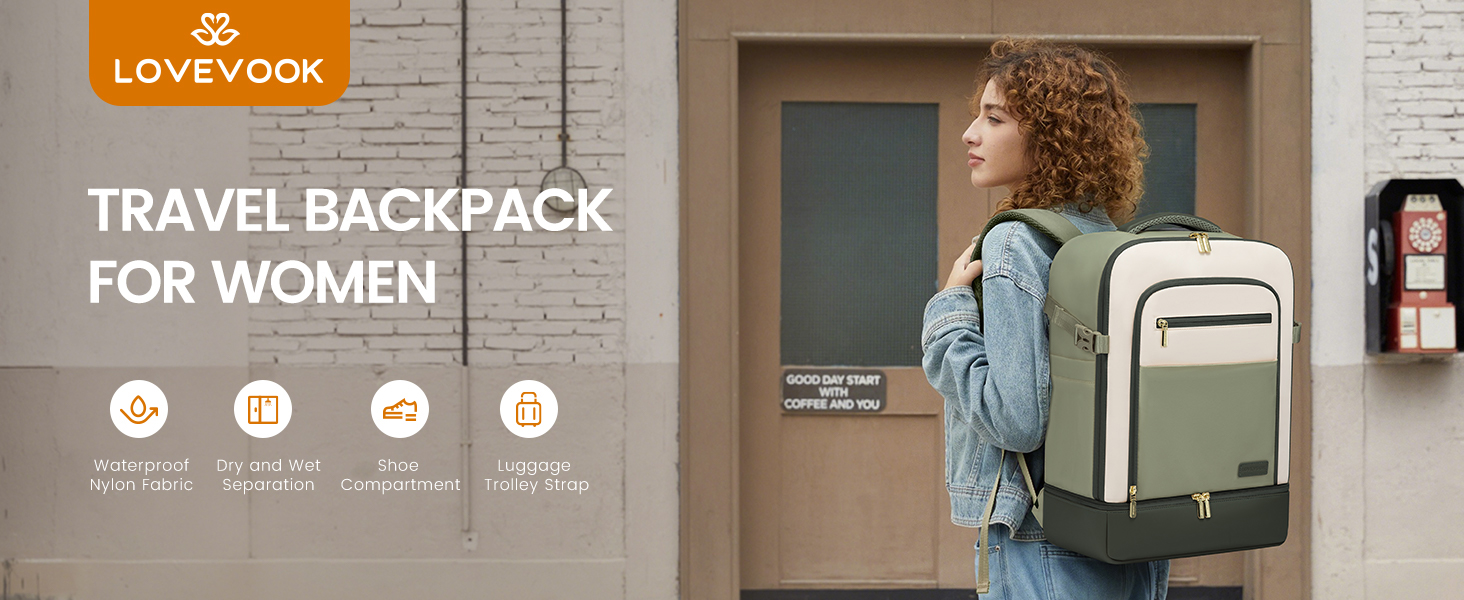 LOVEVOOK Рюкзак для ручної поклажі 40L з окремим відділенням для взуття, жіночий, для подорожей (3 шт.) Бежевий, Зелений