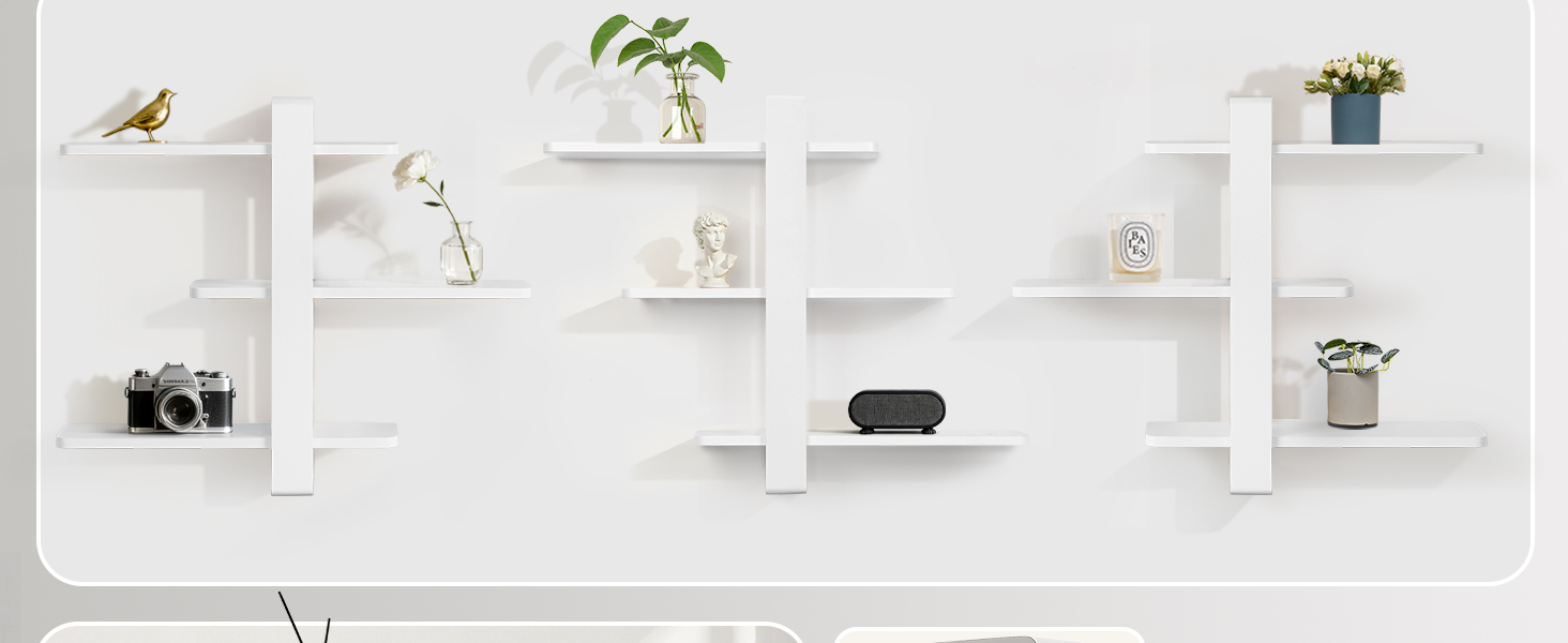 Полиця настінна дерев'яна SUMGAR, плаваючі полиці, 3-ярусна, біла 50x58 см для вітальні, спальні