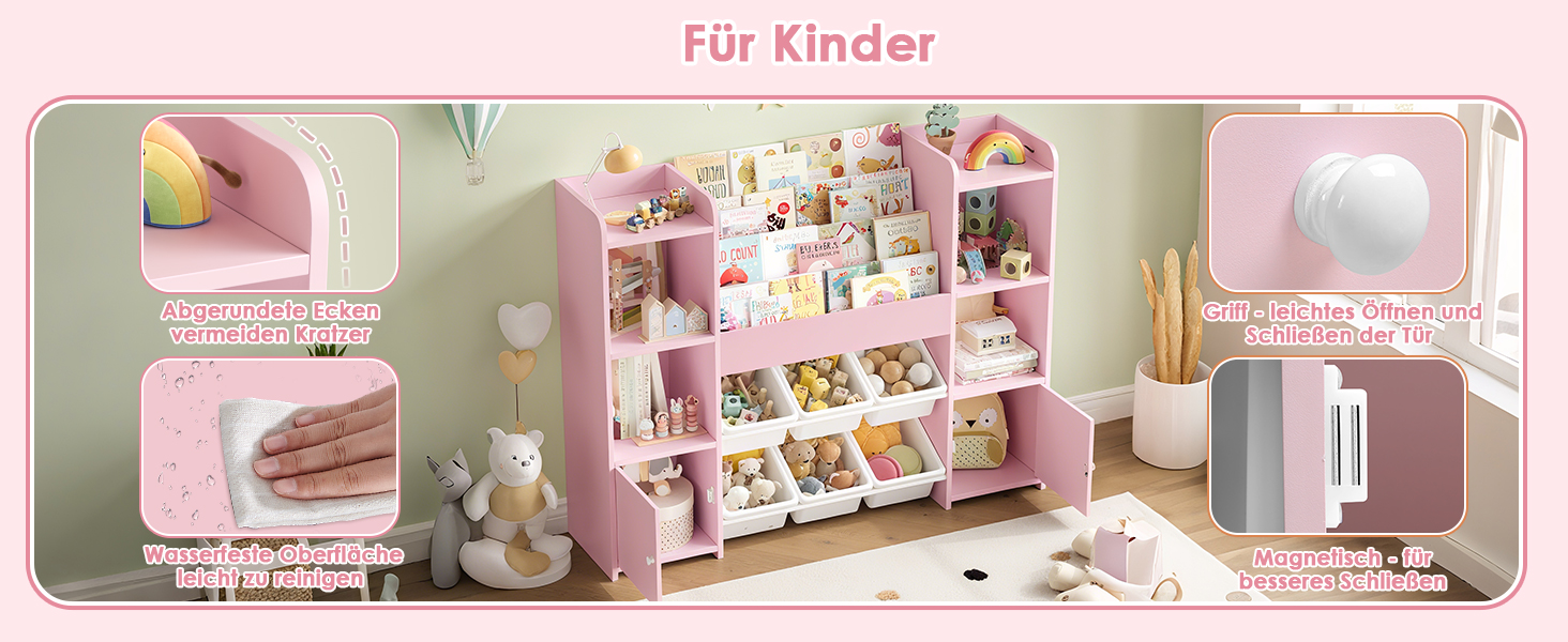 FOREHILL Дитяча полиця-стеллаж для іграшок та книг з 6 ящиками, 119 x 29,5 x 94 см, білий (рожевий)