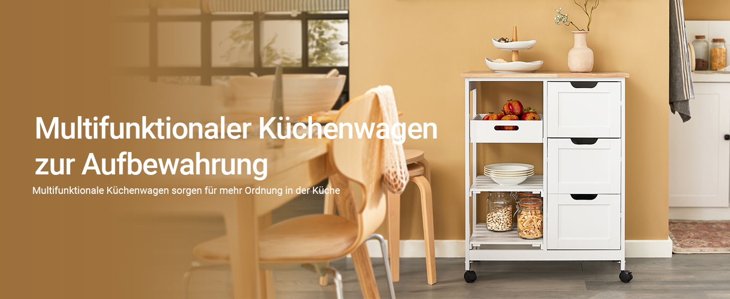 Сервісний візок SoBuy з колесами – кухонний візок з 2 знімними полицями та підносом – візок для кухні, вітальні, їдальні – 68x85x38 см, до 50 кг, MDF, FKW79-SCH (Білий)