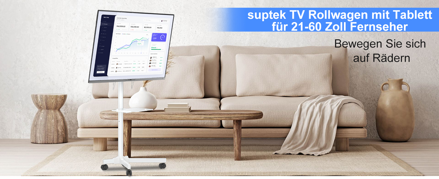 Підставка для телевізора Suptek ML55BW, роликова, для телевізорів 21-60 дюймів, з полицею для ноутбука, біла, до 35кг, VESA 400x400