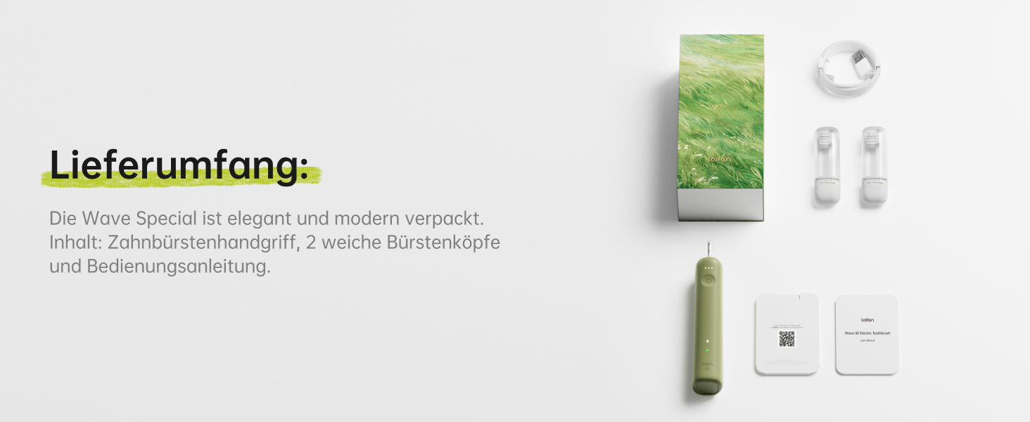 Laifen Wave Spezial: Електрична звукова зубна щітка з вібрацією та осциляцією, для дорослих, з додатком, 2 насадки (зелена)