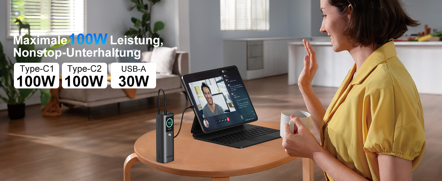 Power Bank AsperX 20000mAh, 165W, 2x USB-C (100W), для ноутбуків, iPhone, MacBook, Samsung, вбудований кабель 60см, TFT-дисплей