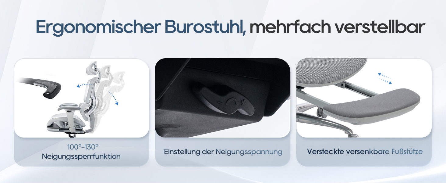 Органічний офісний крісло Colamy з підніжкою, 3D-підлокітниками, підголовником, підтримкою попереку та дихаючою сіткою – крісло для офісу та дому (Сірий)