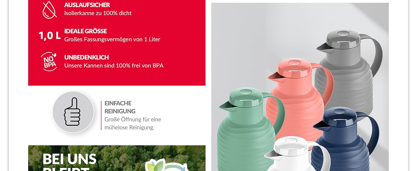 Термос Emsa Samba Wave Isolierkanne, 1 літр, Quick Press, скло, зелений, Made in Germany