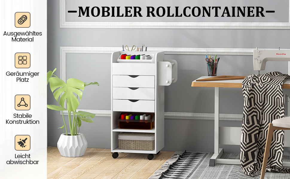 Роликовий контейнер COSTWAY з 3 висувними ящиками, робочий візок з 2 ручками та 3 полицями, дерев'яний шафка на колесах, багатофункціональний візок для офісу/кабінету (білий)