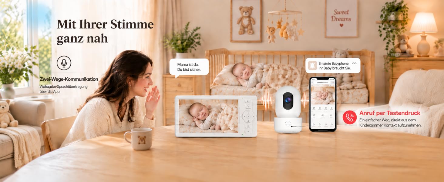 Відеоняня HelloBaby з WiFi та камерою: монітор з нічним баченням, датчиком руху, двостороннім аудіо та керуванням через додаток (5.5 дюймів, білий)