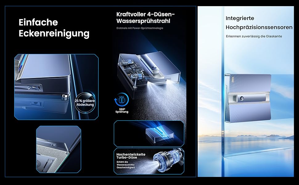 Робот-прибиральник вікон ClevioniQ X9 Pro з електроприводом – інноваційний мийник вікон з 4-стороннім розпиленням, точна навігація, розпізнавання країв, LED-індикатор, тиха робота та голосове керування німецькою мовою