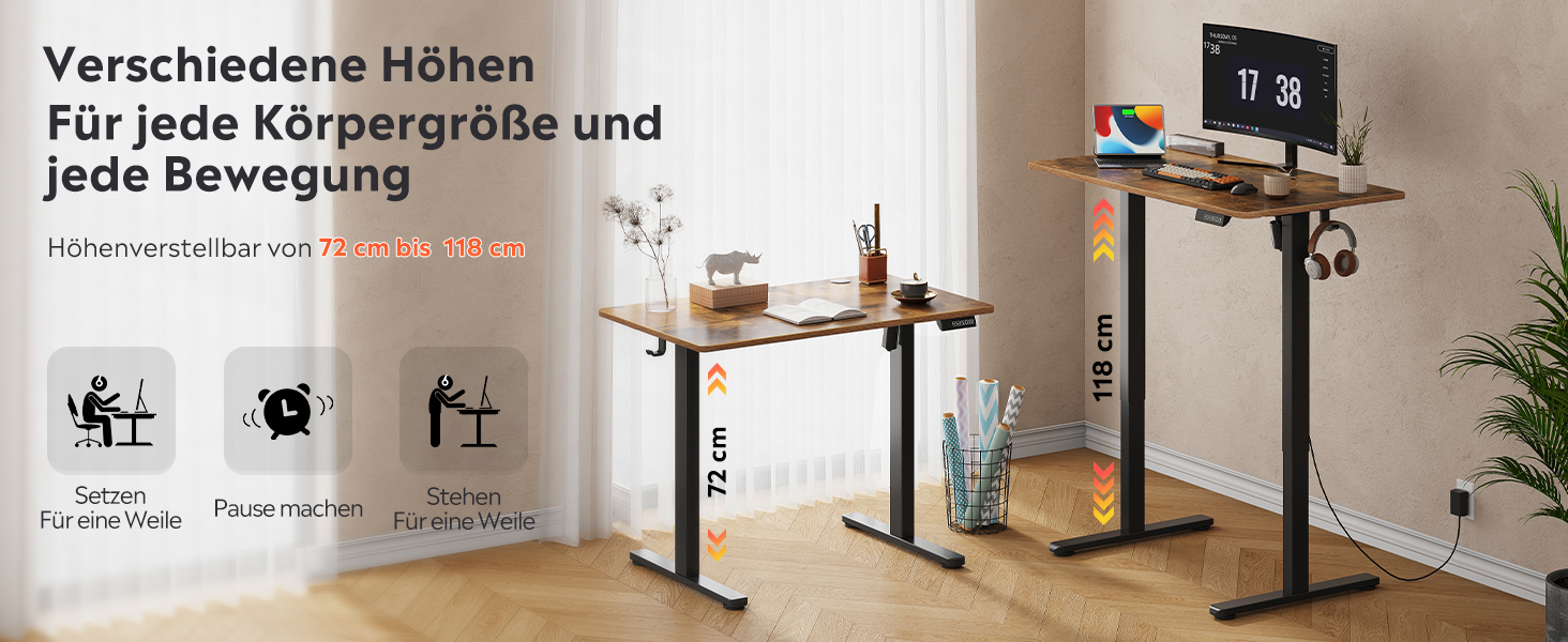 Регульований за висотою стіл Devaise з тихим мотором та функцією пам'яті, стіл для сидіння та стояння, регулювання висоти 72–118 см, ергономічний комп'ютерний стіл для офісу, білий (120x60 см, коричневий)