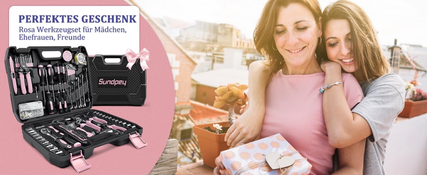 Набір інструментів Sundpey 281 предметів в кейсі рожевого кольору: набір гайкових ключів, викруток, шестигранників, плоскогубців